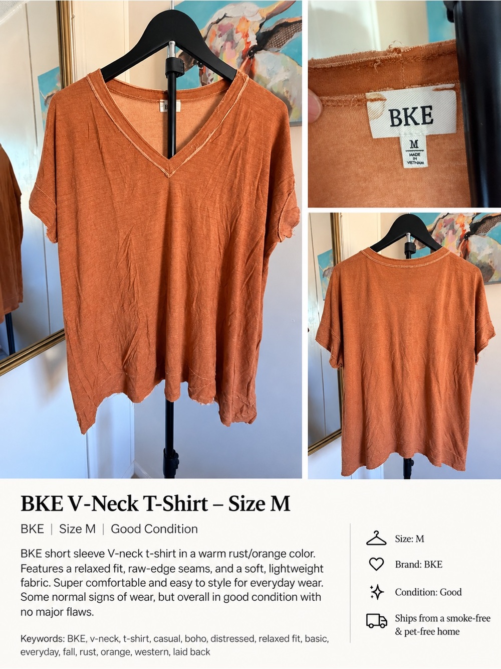 BKE Rust Orange V-Neck Tee – Size M
